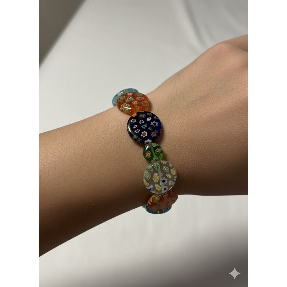 Millefiori Glass Beaded Stretch Bracelet Colorful Floral Pattern Eclectic‎ Boho